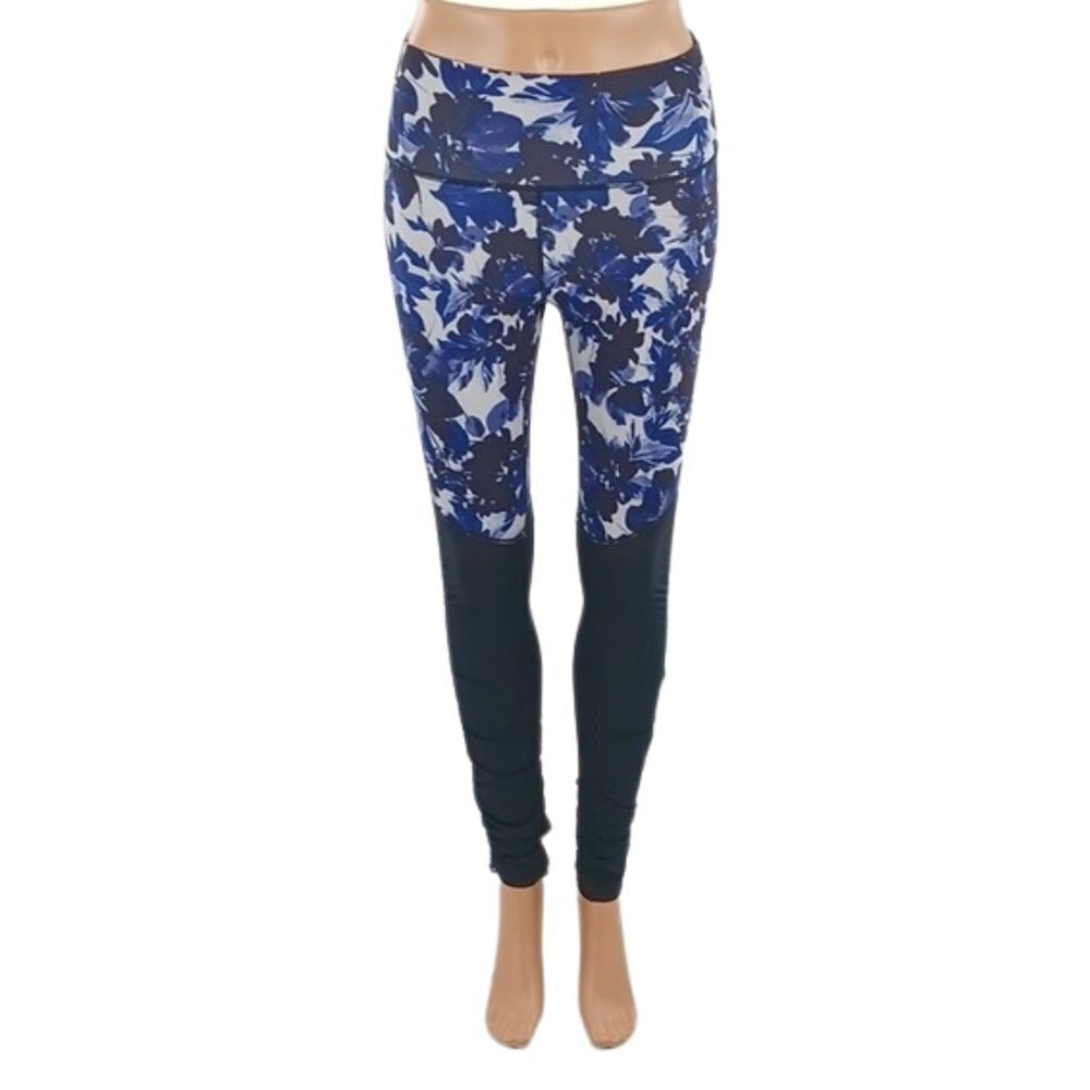 FABLETICS Leggings Blue Floral Ruched Legs Athleisure Yoga Womens Size S